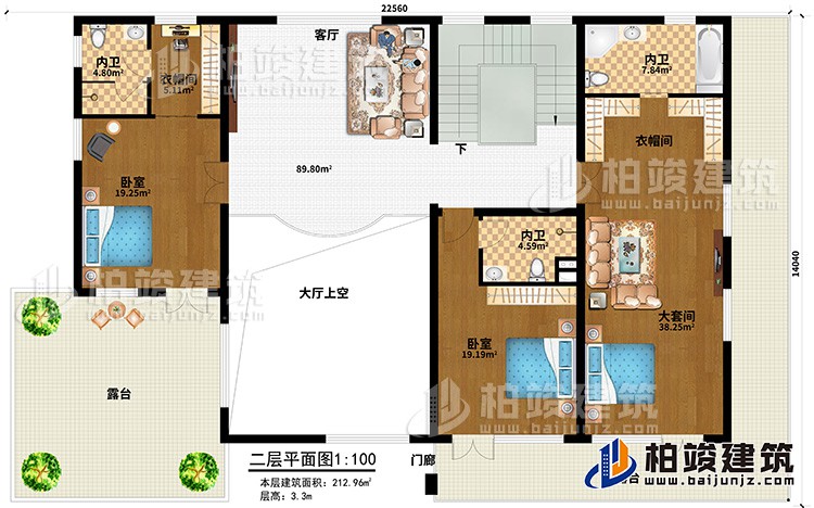 二层：客厅，大套间带内卫和衣帽间，单间带内卫，中套间带内卫和衣帽间，2露台，楼梯