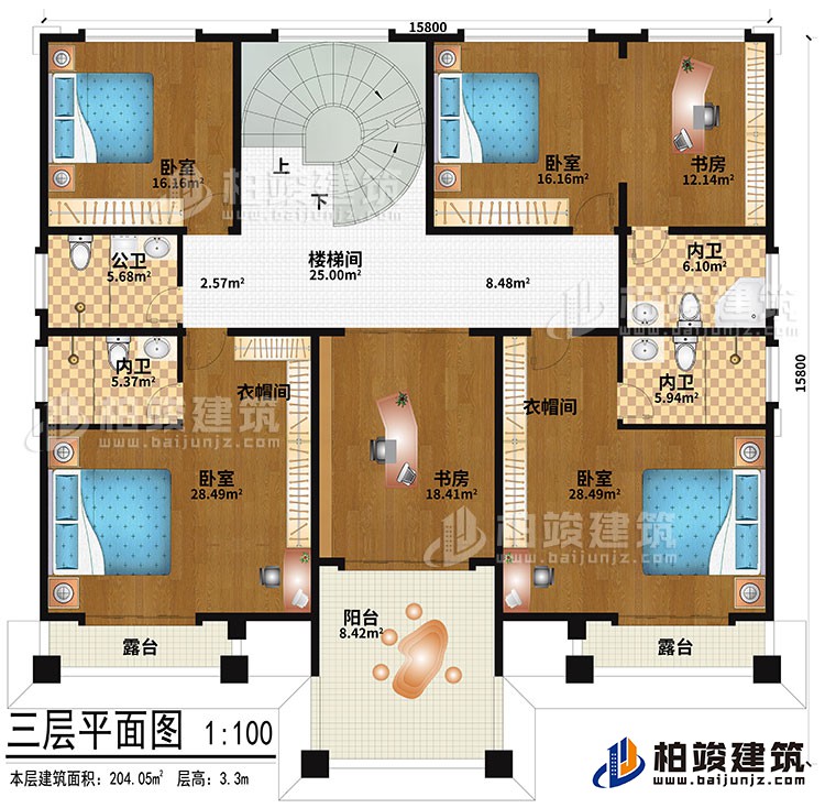 三层：楼梯间、4卧室、2衣帽间、2书房、公卫、3内卫、2露台、阳台